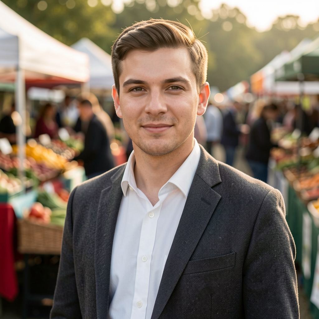 Portrait of Jasper Beaumont, guest contributor, standing outdoors at a farmers market, morning light