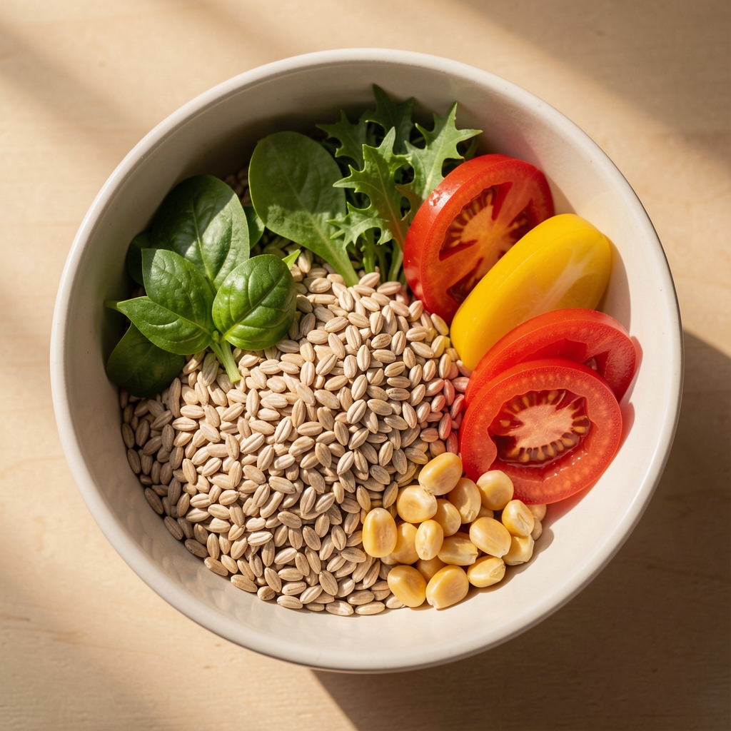 Bowl of whole grains and fresh vegetables in soft morning light, editorial overhead composition
