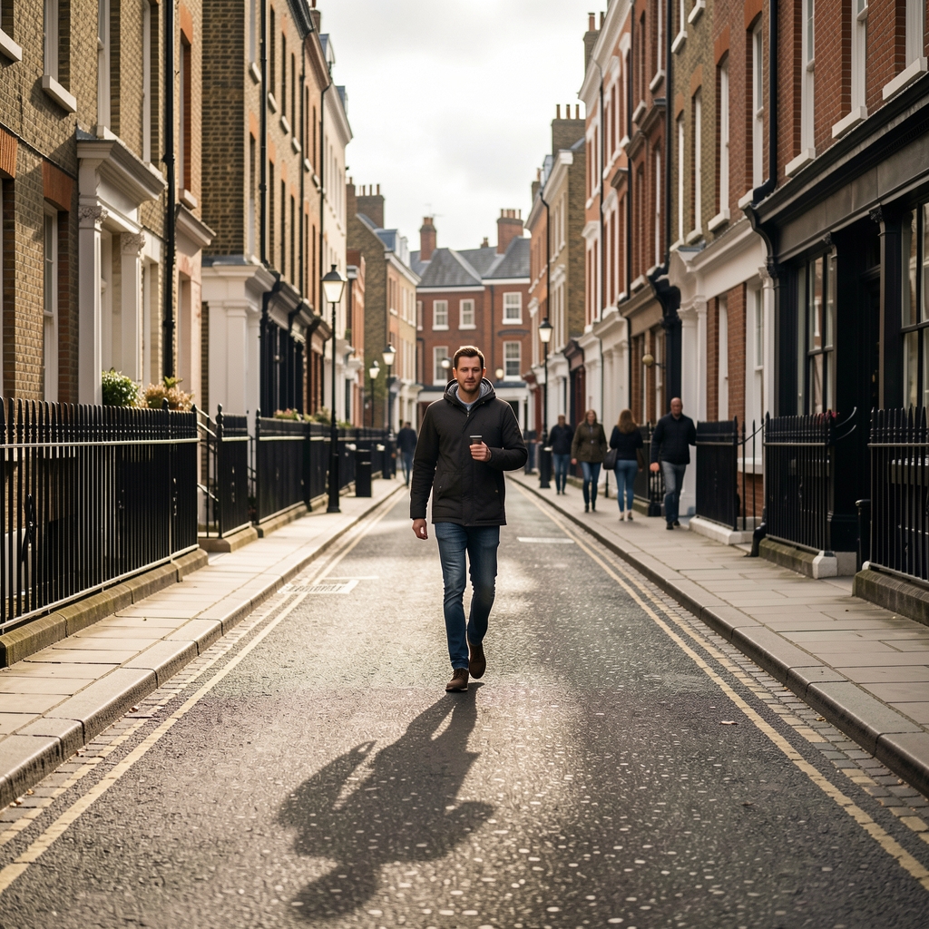 Active morning walk along a quiet London street, overcast light, long shadows, person in motion at a distance