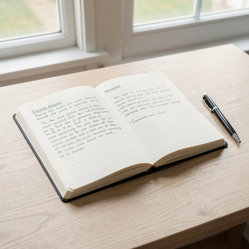 Notebook open on a pale wooden desk with handwritten observations, pen to the side, morning daylight from a window